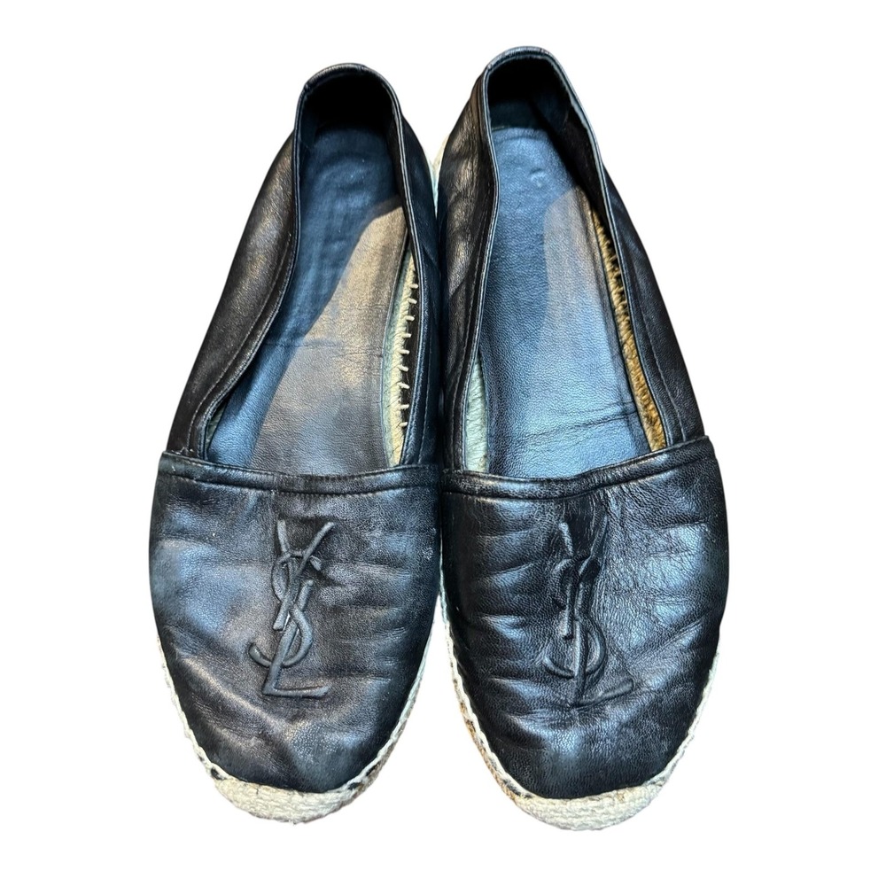 Saint Laurent Shoes Womens Size 9 Black Leather Espadrille YSL Logo Slip On
